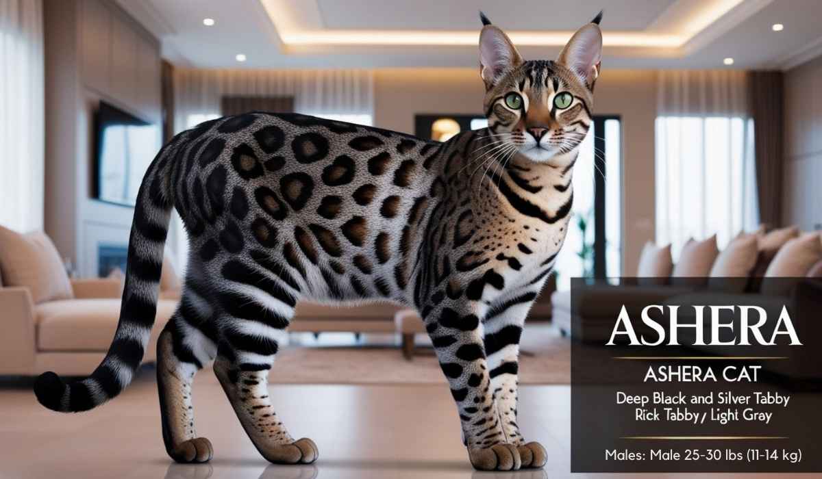 Ashera cat with a sleek, muscular body, leopard-like spots, and tall pointed ears.