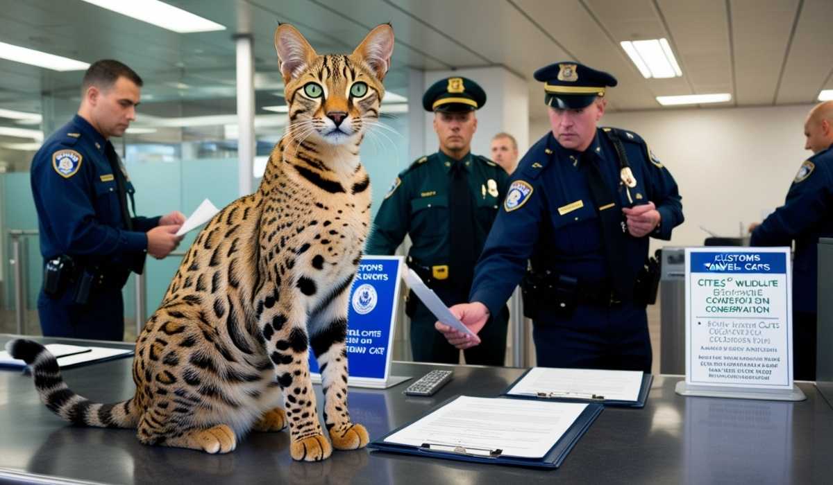 Ashera cat being inspected at an airport due to legal ownership and import restrictions.