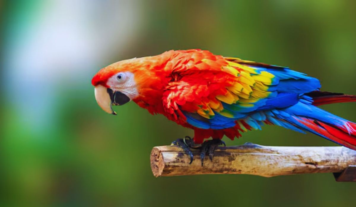 Scarlet Macaw perched on a branch, showcasing vibrant red, yellow, and blue feathers.