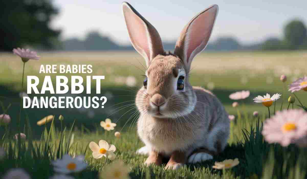 A baby rabbit sitting in a field of flowers with text asking if baby rabbits are dangerous.