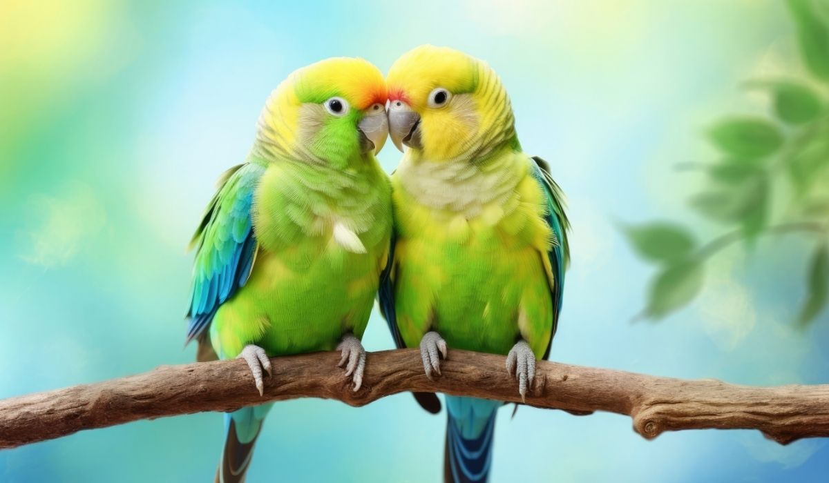 Two budgies perched on a branch, nuzzling each other.