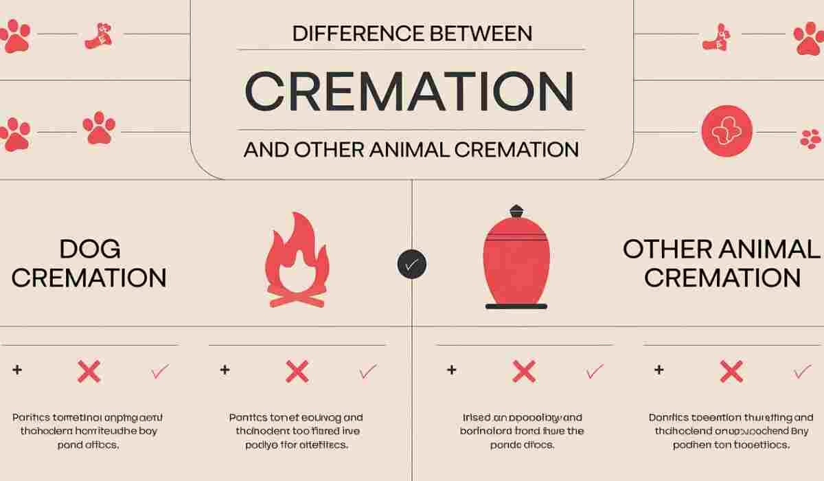 Difference between dog cremation and other animal cremation with icons and text comparison.