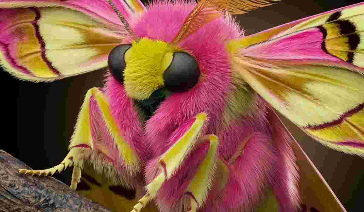 A vibrant rosy maple moth (Dryocampa rubicunda) with soft pink and yellow wings, feathery antennae, and a fuzzy body, resting on a branch.