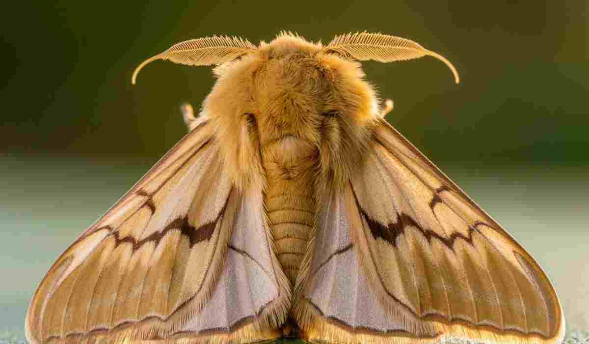 Close-up of a pink-striped oakworm moth with fuzzy golden-brown body and patterned wings.