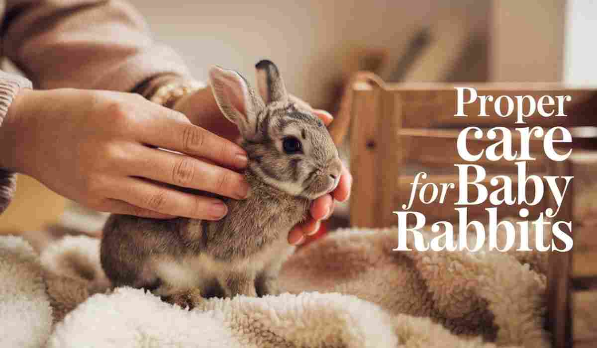 A person gently petting a baby rabbit on a soft blanket, with text about proper care for baby rabbits.