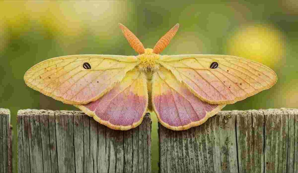 Close-up of a rosy maple moth (Dryocampa rubicunda) with pink and yellow wings, resting on a wooden fence.