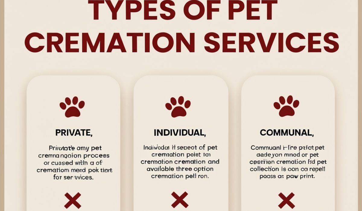 Types of pet cremation services: private, individual, and communal options with descriptions.