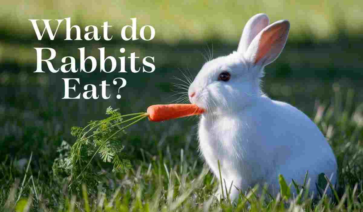 A white rabbit eating a carrot in a grassy field with the text "What do Rabbits Eat?