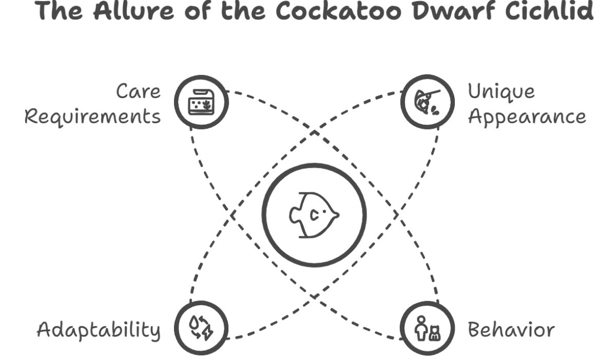 Diagram showing attractions of Cockatoo Dwarf Cichlid.