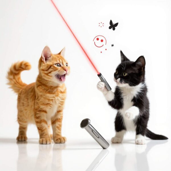 Interactive Cat Toy LED Pointer Pen displaying 5 red light patterns - mouse, butterfly, star, polka dot, and smiley face projections for cat entertainment